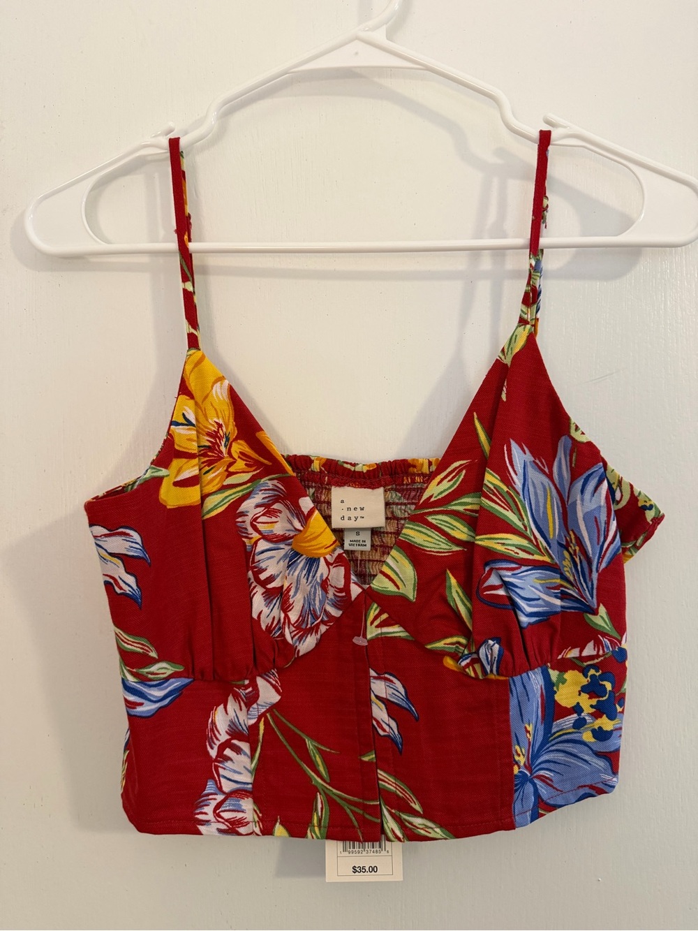 a new day Red Tropical Floral Cropped Cami with Blue and Yellow Accents